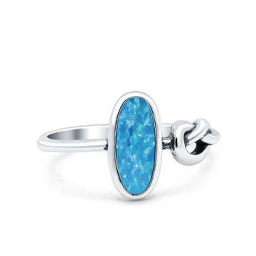 Vintage Style Oval Knot Ring Solid Oxidized Lab Created Blue Opal 925 Sterling Silver